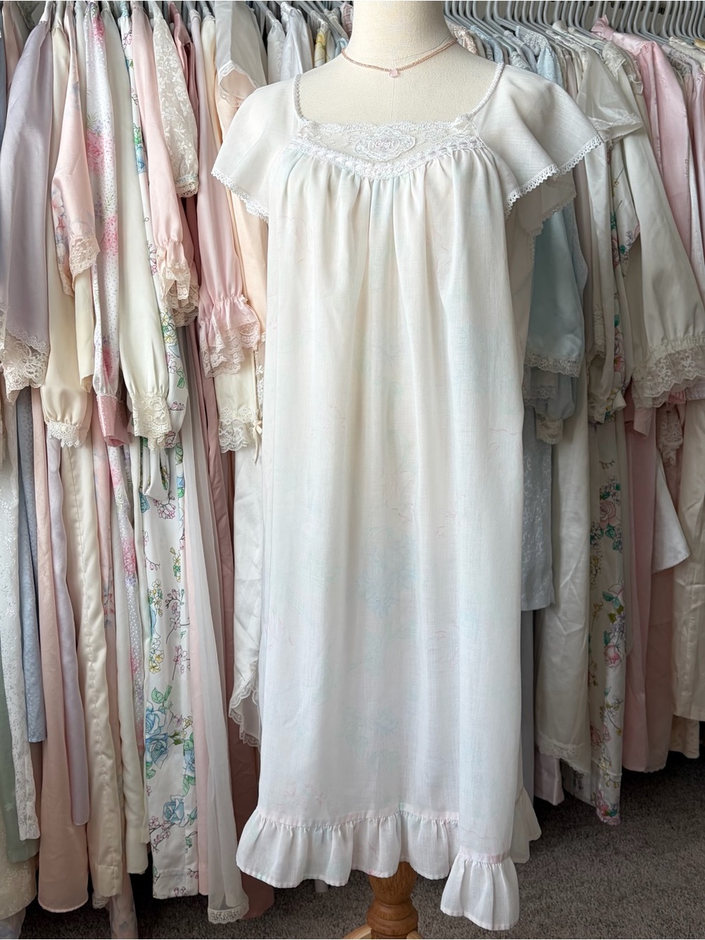 vintage quiet moments pastel floral dress nightgown lace trim flutter sleeves